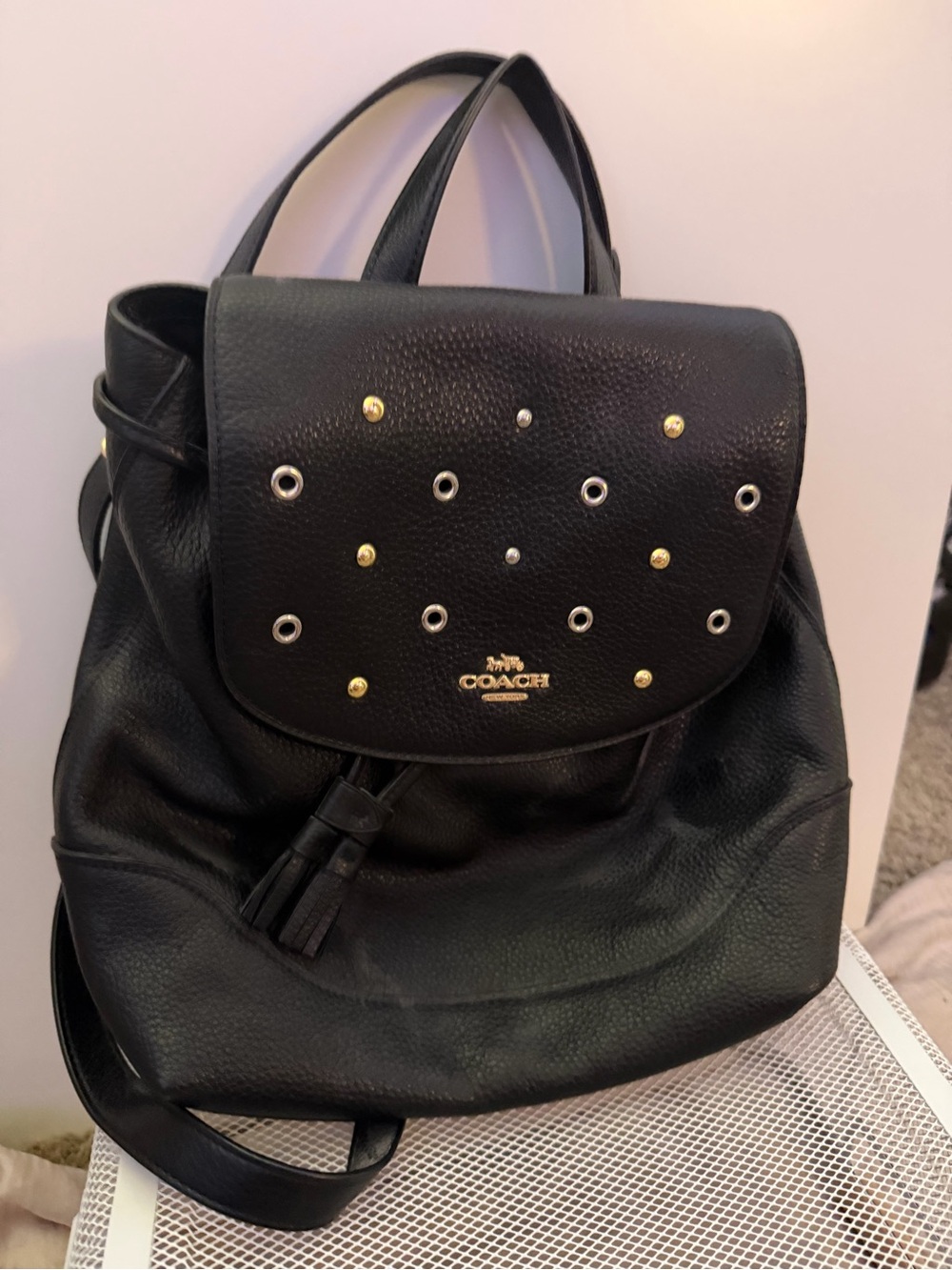 Coach Black Leather Grommet-Accent Backpack - Picture 1 of 3